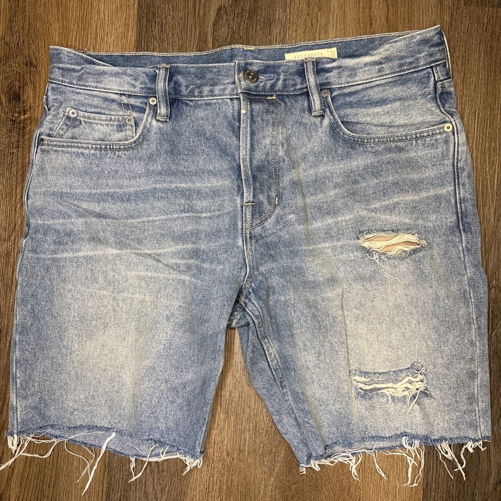 AllSaints Switch Shorts Mens 33 Light Wash Blue Distressed Jorts Grunge Cut Off